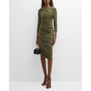 NWT Norma Kamali Diana Long Sleeve Ruched Knee Assymetric Dress L Military Olive